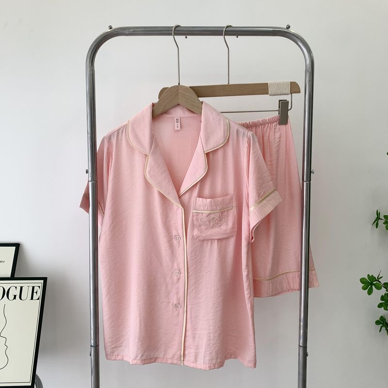 Summer Pajamas Short-Sleeved Shorts Women's Mercerized Cotton Thin Comfortable Lapel Sweet Home Wear Cute Suit Spring and Autumn