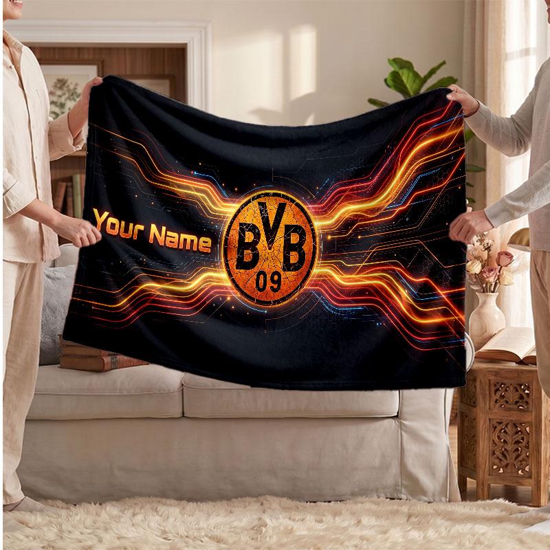 Borussia Dortmund Personalisierte Fleecedecke Mit Fußballlogo, Individueller Name Text Weiche Warme Wohndecke