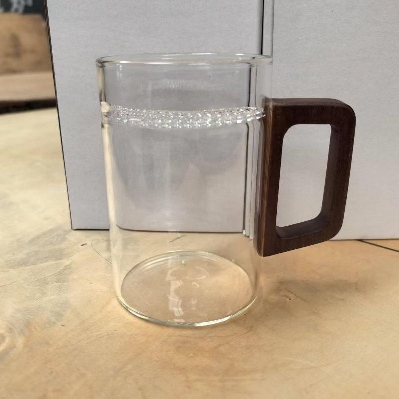 Glass Green Tea Brewed Tea Cup with Crescent Filtration Single Layer Transparent Cup Wooden Handle Household Large Capacity Flower Tea Cup
