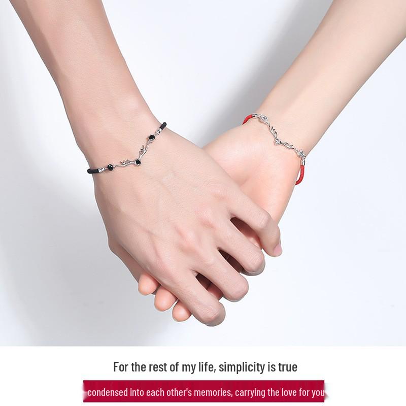 Korean Style Diamond Deer Bracelet – Unisex Black & Red Woven Rope for Couples