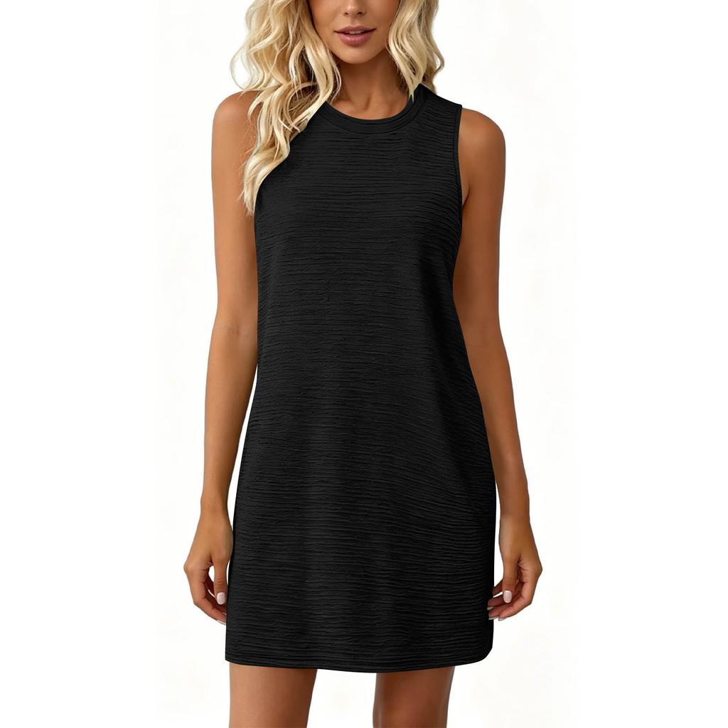 Sleeveless Casual Dress Women Summer Round Neck Solid Color Side Pocket Relaxed Fit Mini Dress