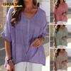 Camicette e camicie da donna con scollo a V, maniche corte, stampa tinta unita casual alla moda