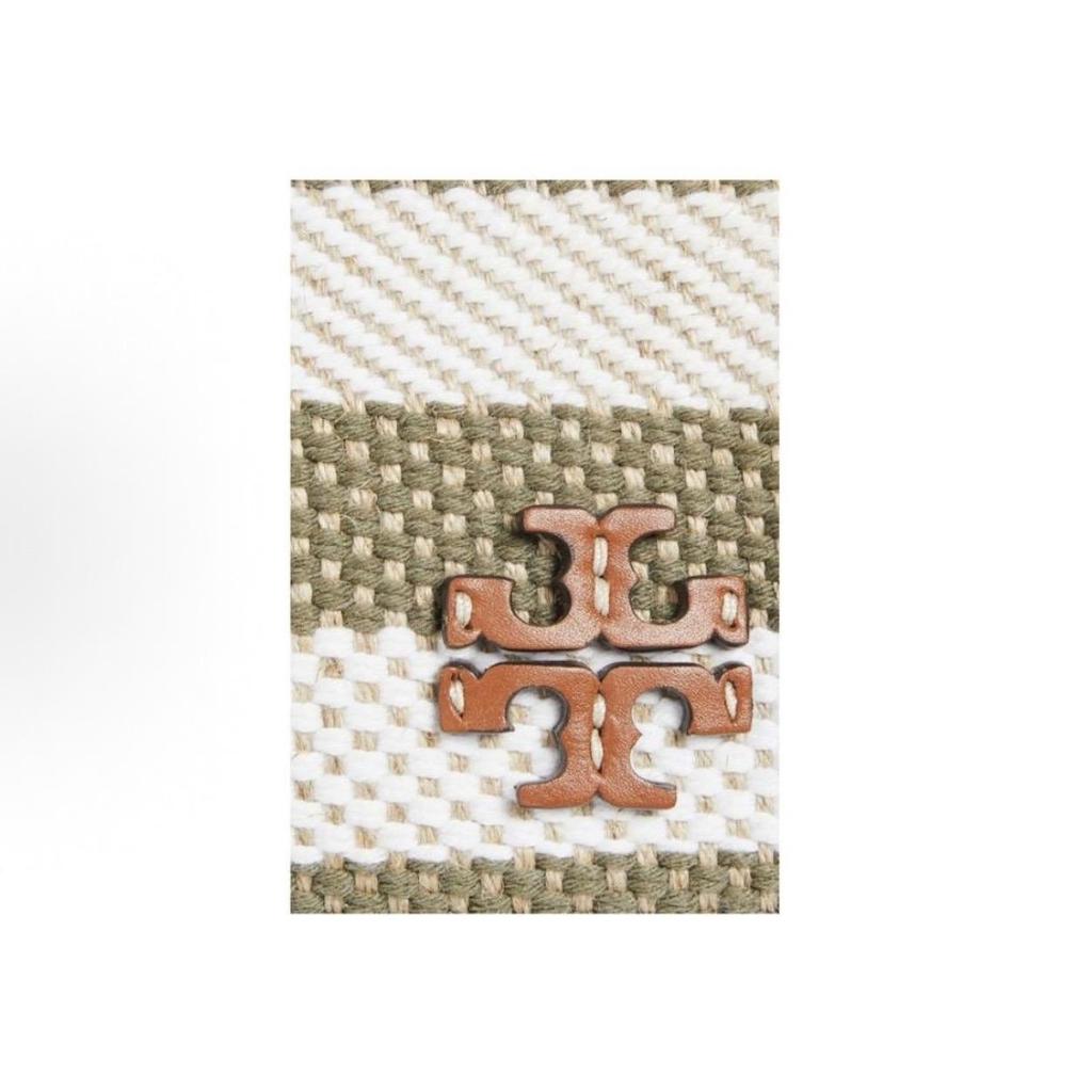 TORY BURCH McGraw Striped Hand-Stitched Fabric and Leather Shoulder Bag Women's Ivory and Olive Green