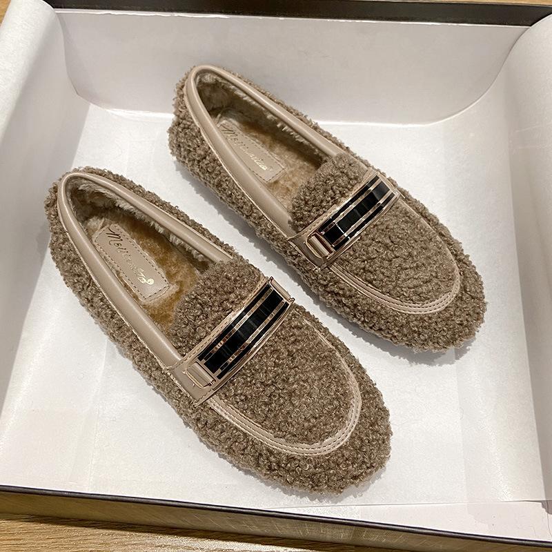 

Кудрявые шерстяные меховые мокасины женские металлическая пряжка меховые балетки женские зимние хлопковые туфли слипоны теплые плюшевые лоферы больших размеров 34-44 4.5 хаки