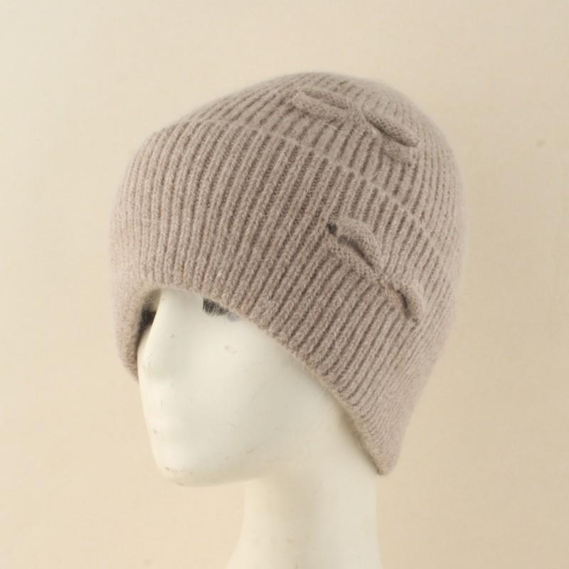 Womens Angora Wool Knit Beanie Hat With Bow Detail Winter Warm Cap High Crown Foldable