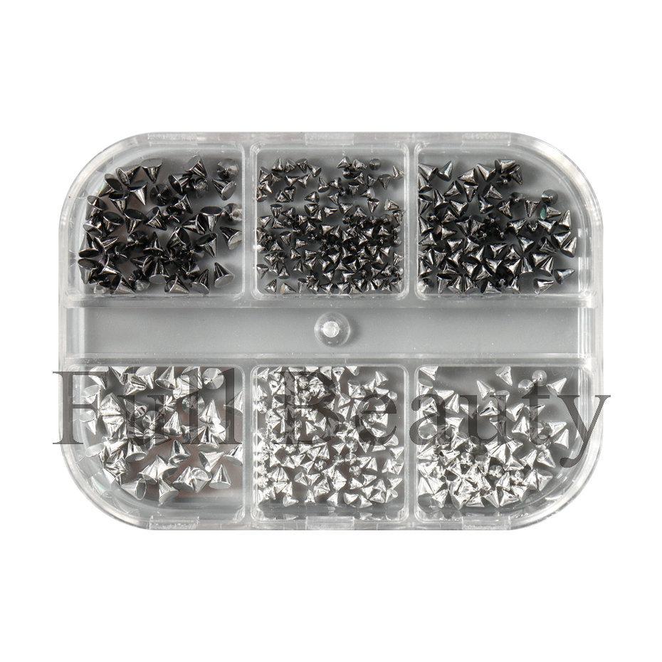 Nail Art Jewelry 6-Grid Boxed Black Silver Rivet Punk Bullet Nail Art Jewelry