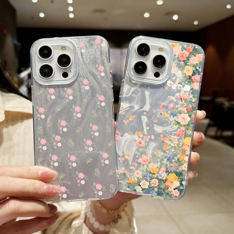 Luxury Floral Print Glitter Slim Case For iPhone 16 15 Pro Max 14 Pro 13 12 11 Glossy Shockproof Hybrid TPU PC Clear Phone Cover