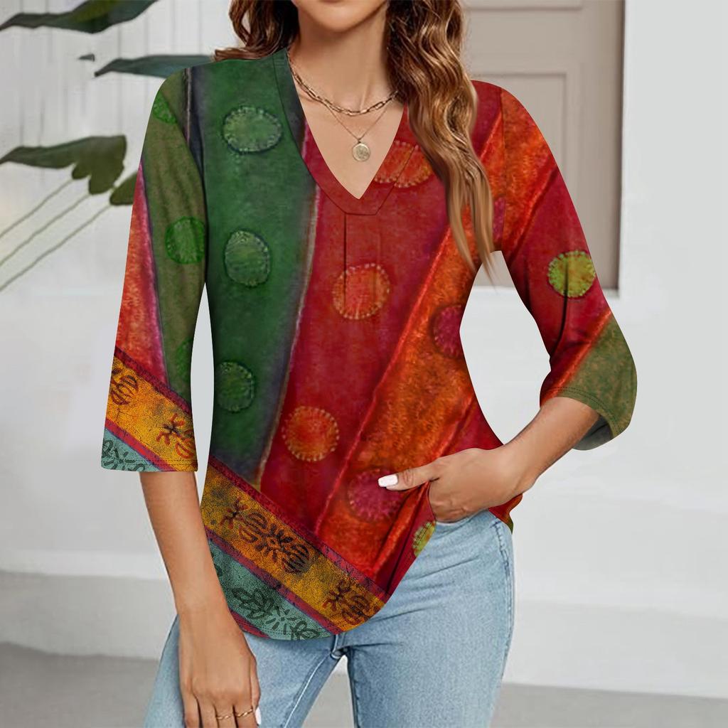 Modisches Oberteil mit V-Ausschnitt, Farbverlauf-Print und Dreiviertelärmeln für Damen