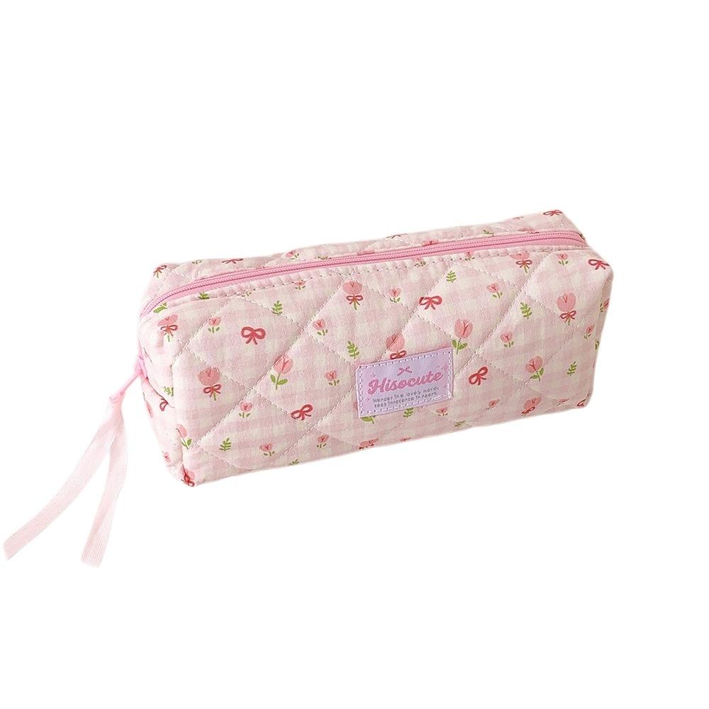 Bow Quilted Pencil Pouch Y2k Flower Pencil Case Desktop Storage Cloth Stationery Bag Student