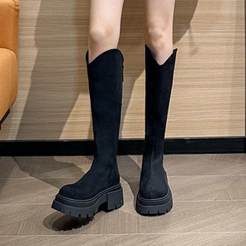 Winter Platform Punk Style Woman Knee High Boots Solid Suede Slip On Thick Heel Women Shoes Knight Long Boots for Autumn Winter