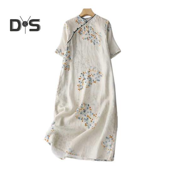 

Винтажный цветочный принт миди чонсам ципао платье для женщин свободное платье в китайском стиле с коротким рукавом и карманами для свадьбы M белый