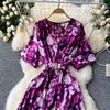 Vintage Elegant V Neck Split Print Short Sleeve Dress Chic Slim A Line Vestidos Summer Vacation Party Women Fashion Dresses