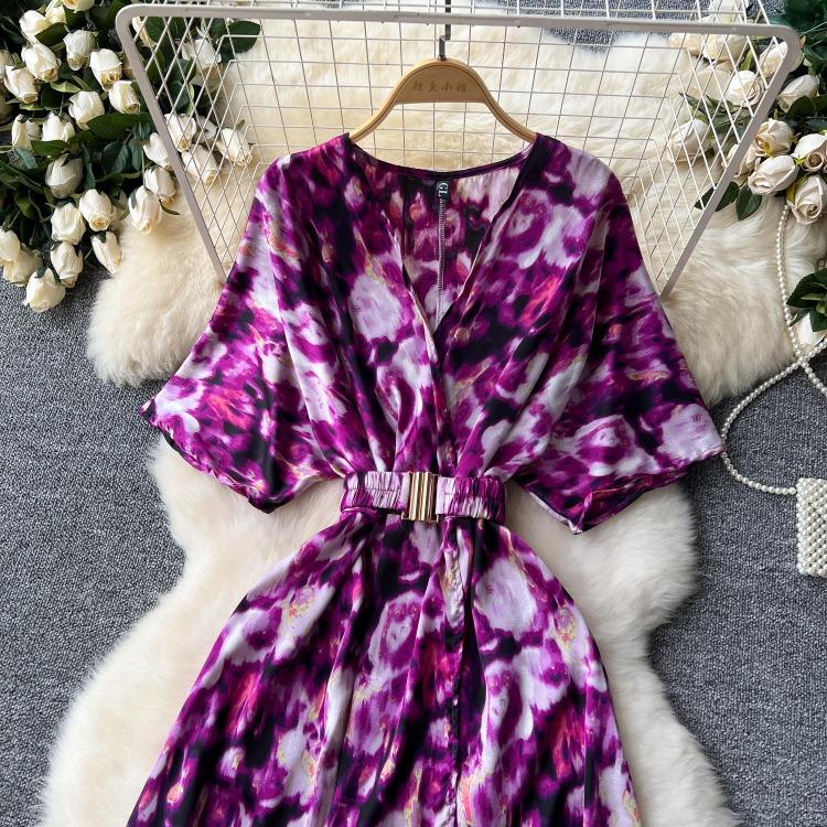Vintage Elegant V Neck Split Print Short Sleeve Dress Chic Slim A Line Vestidos Summer Vacation Party Women Fashion Dresses