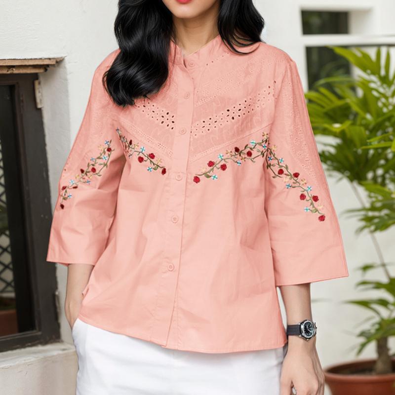ZANZEA Dame Casual Ståkrage 3/4 Erme Løs Blomsterbroderi Bluse
