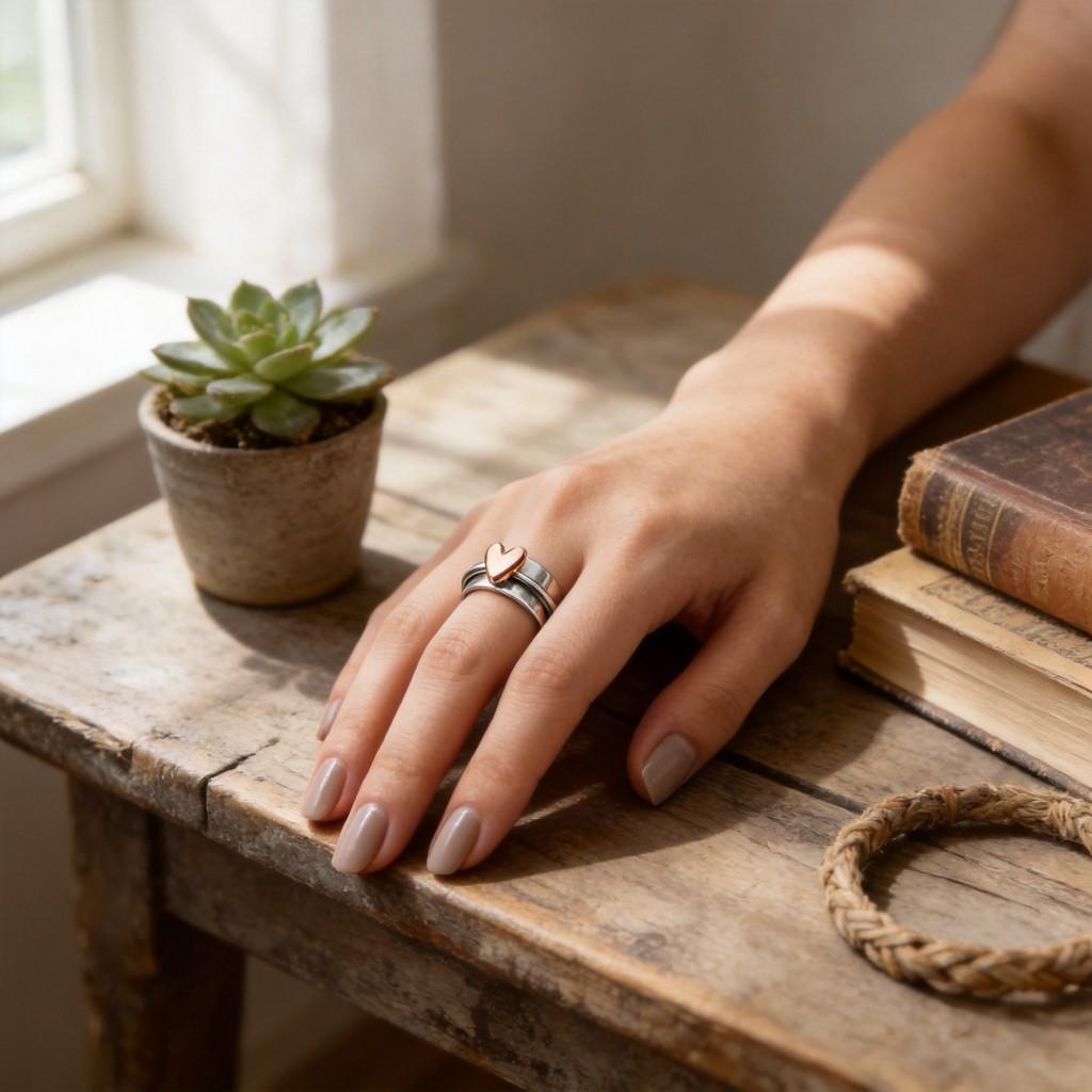 Bohemian Heart Shaped Ring With Rotating Pendant Retro Alloy Stylish Jewelry For Women And Men