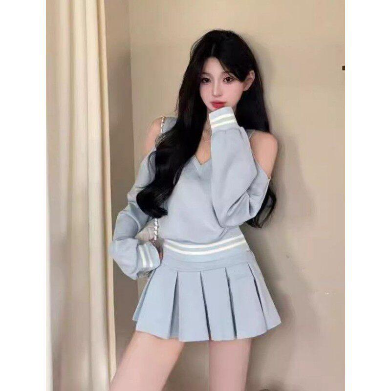 

Early Spring Korean Style Off-Shoulder Long Sleeve Top & High Waist Pleated Skirt Two-Piece Set for Women S