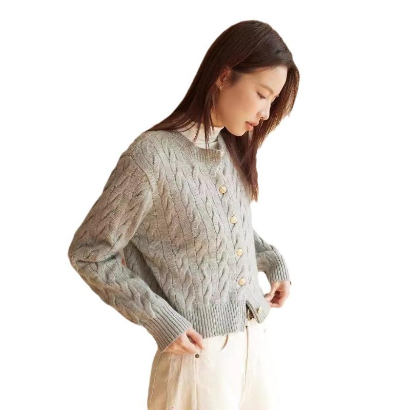 Sweater women's autumn new long-sleeved crew neck women's knitted cardigan retro gray high-end women's clothing