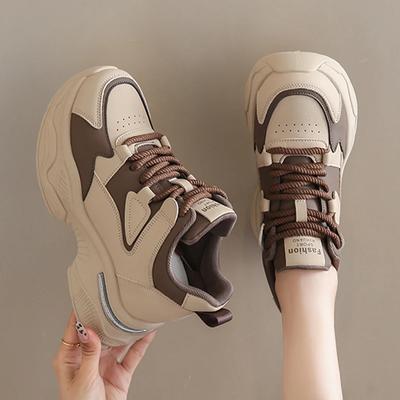 Mode Platå Damsport Sneaker Snörning Tjock Sula Vulkaniserade Skor Kvinna Vår Höst Pu Läder Andningsbara Chunky Löparskor