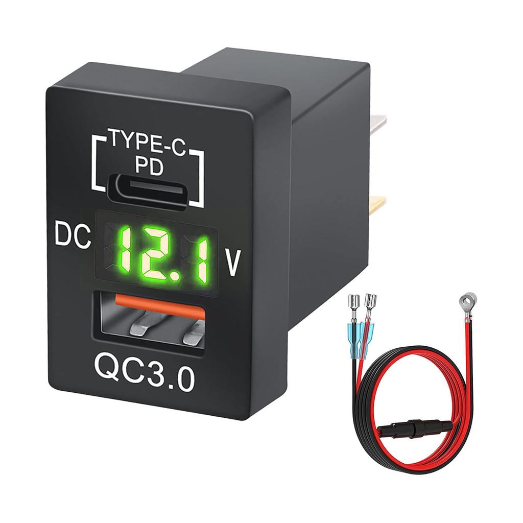 12/24V Quick Charge 3.0 and PD USB C Car Charger Socket Power Adapter with Digital LED Voltmeter for Vehicles