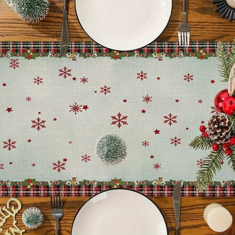 1Pc Christmas Table Runner - Festive Holiday Design With Nativity Scene, Snowflakes & Red Berries,Perfect For Home Kitchen Decor