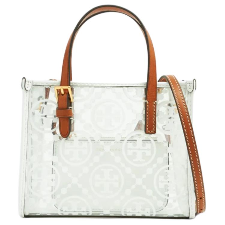 Tory Burch T Monogram Classic Logo Print Leather Trim Mini Tote Bag Women tote White Brown 148685-999 Basic Set BagDust Bag 19950₽