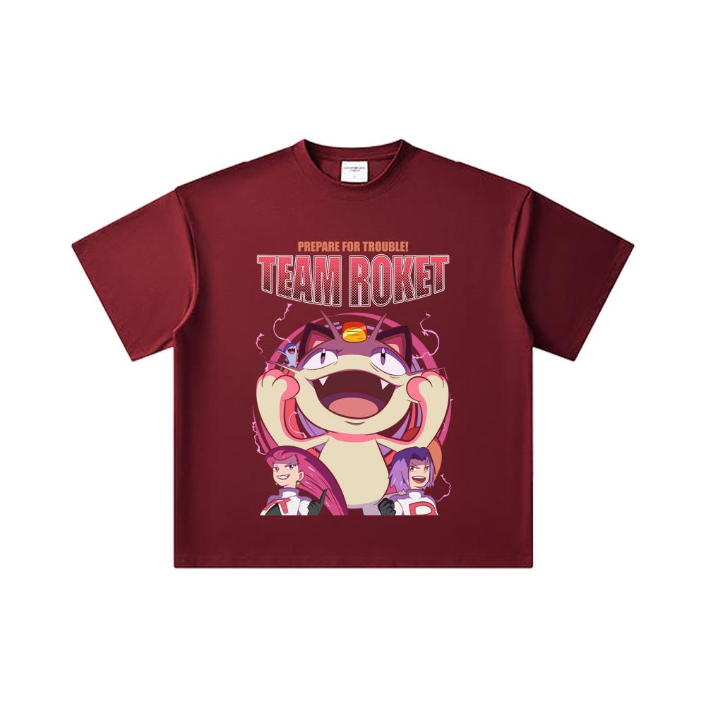 

260 GSM Double Yarn 32 Count 100% Cotton Pokemon V8 Team Rocket Print Unisex Heavy Cotton T Shirt 2XL вина червоного кольору