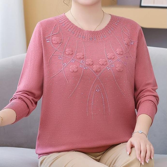 Women's Loose Plus-Size Sweater Autumn and Winter Crew Neck Printed Knitwear Soft and Skin-Friendly Stretch Pullover Top