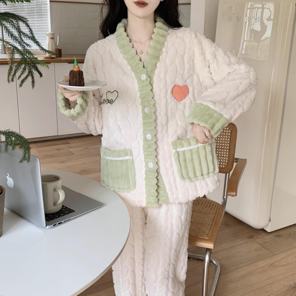 Women's Coral Fleece Pajamas - Warm, Thick, & Sweet Flannel for Fall/Winter, Wear Indoors/Outdoors
