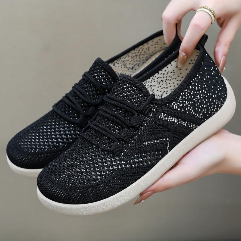Shoes women's new flying woven casual shoes lightweight breathable single shoes 2025 soft sole comfortable simple lace-up mesh shoes