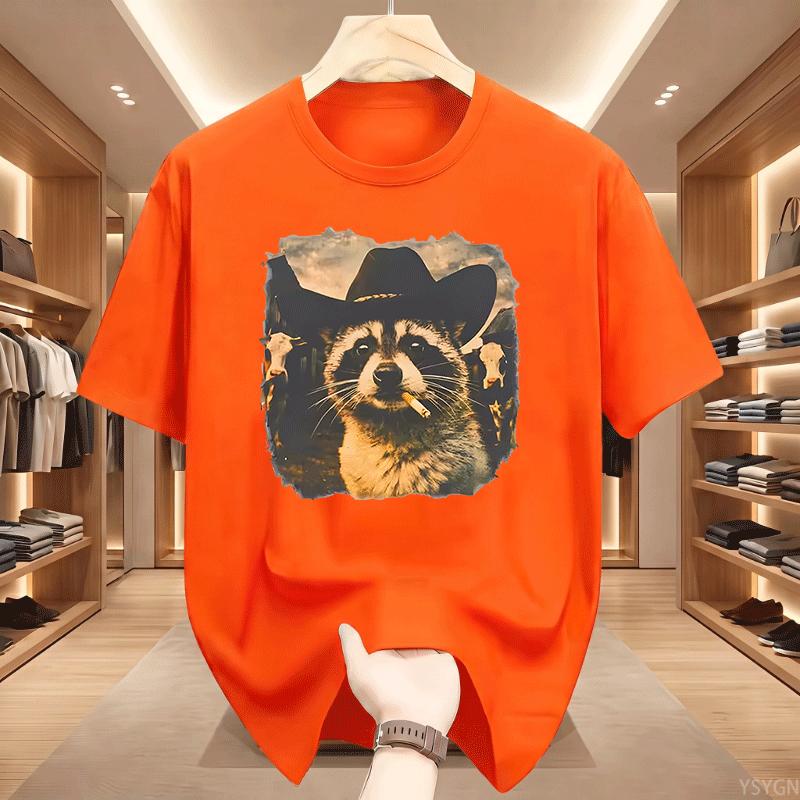 Funny Cowboy Raccoon Unisex Unisex Tshirt Animal Meme Graphic Tee Vintage Comfortable Short Sleeve Loose Tees Streetwear Tops
