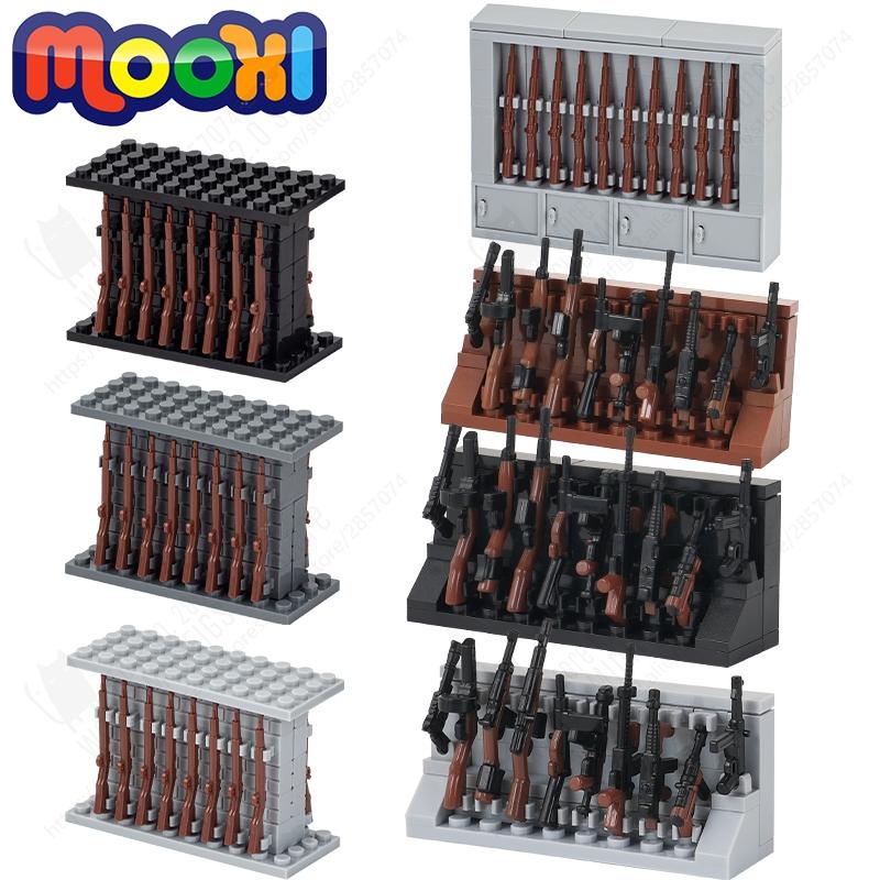 MOOXI WW2 Military Series Weapon Rack Guns Collection Model MOC Bricks DIY Assembled Building Blocks Toys For Boy Birthday Gifts