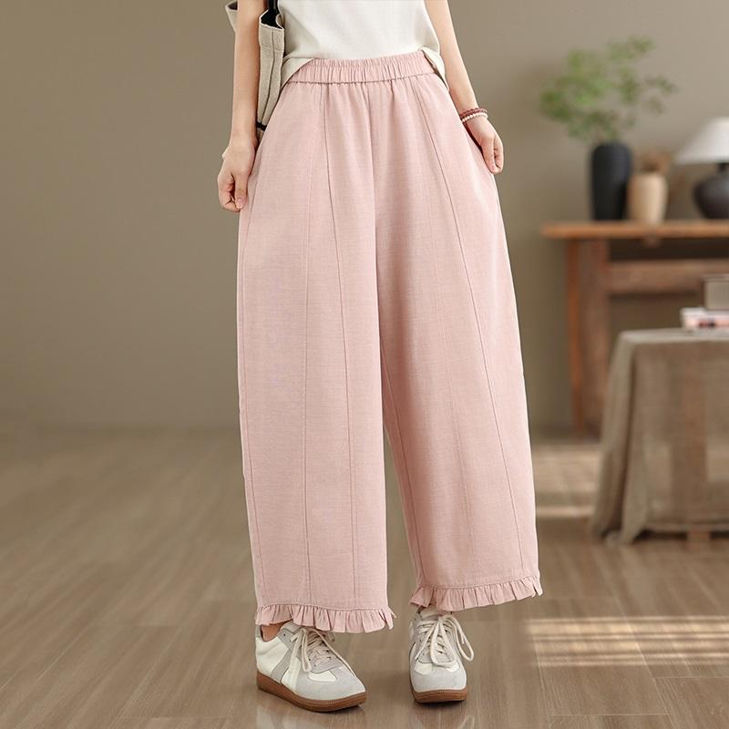 Plus size cotton Vintage high Waist Casual loose spring Summer wide leg Pants Women Trousers