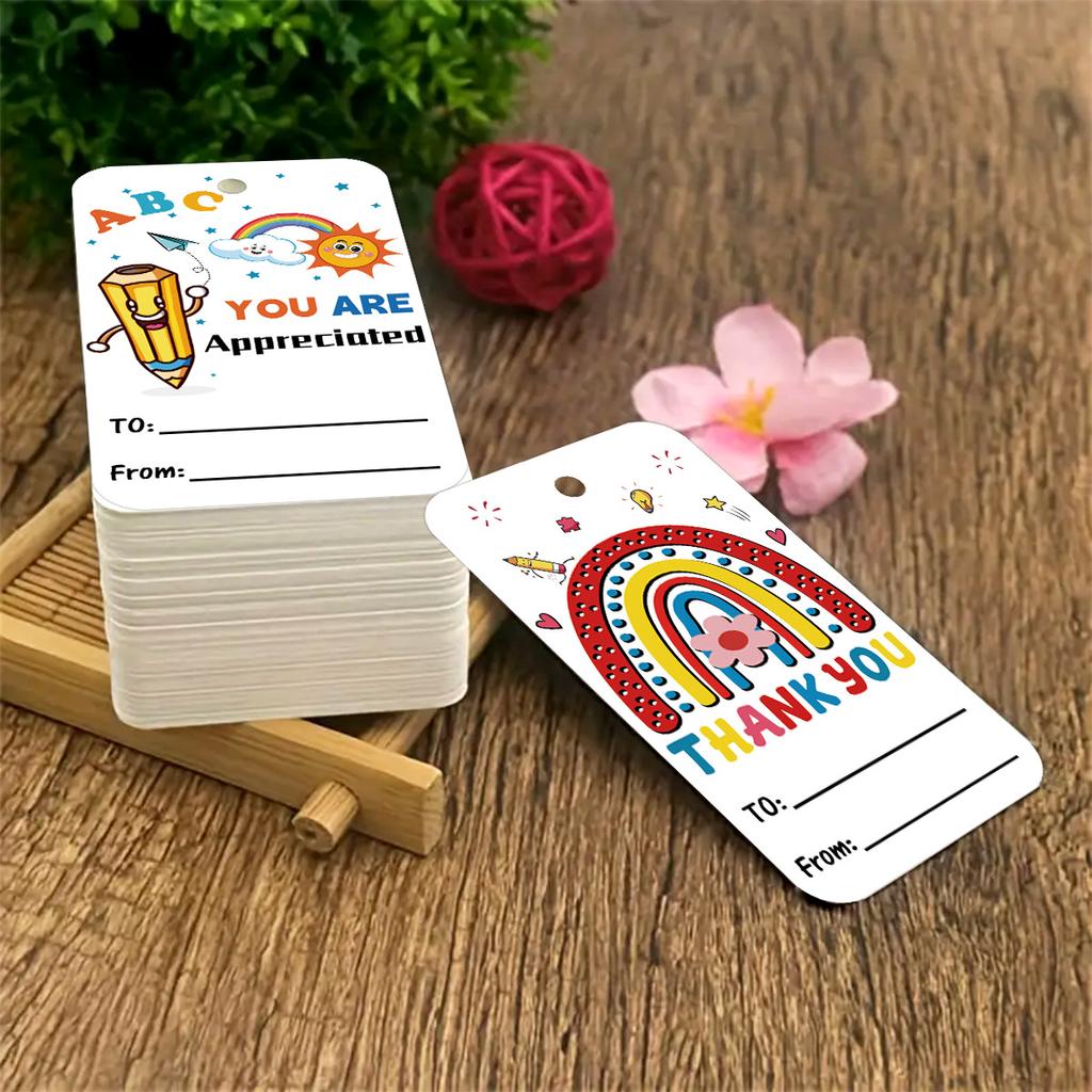50Pcs Teacher Appreciation Tags with Rope, School Party Decor Gift Labels, Thank You Card Hanging Decorations