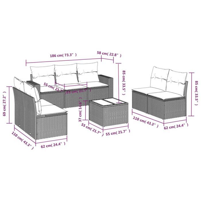 VidaXL Garden Lounge Set with Cushions 8 Pcs, Patio Sofas, Patio Furniture Set, Outdoor Furniture, Black 3218825