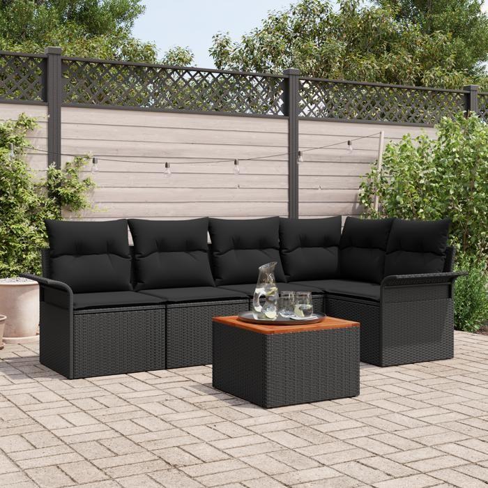 VidaXL Ensemble de canapé de jardin 6 pièces avec coussins Noir Poly Rotin Acacia 3347331