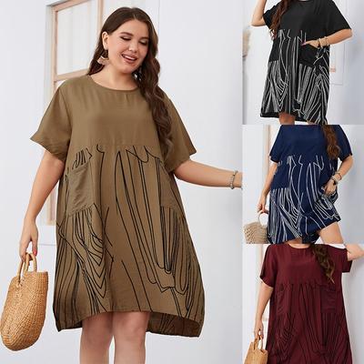 Summer Women’s Round Neck Short Sleeve Floral Print Dress Loose Comfortable Breathable Lightweight Dress Casual Fashion Plus Size Mid Dress