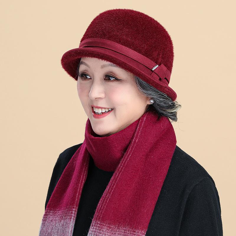 High-end Middle-aged Elderly Velvet Warm Hat, Female Mother Temperament Mink Top Hat, Autumn and Winter Basin Hat, Old Lady Hat
