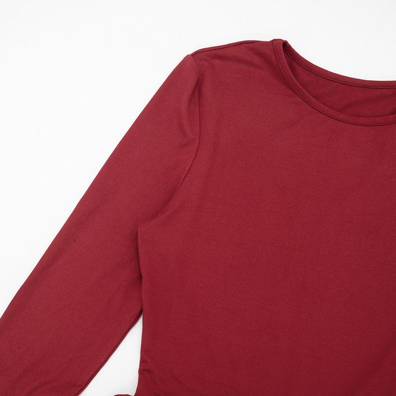 Solid Color Slim Fit Round Neck Shirred Mini Dress - European & American Women's Autumn/Winter Collection