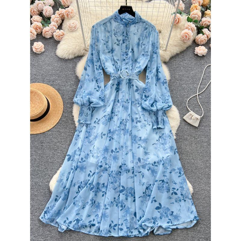 Graceful Stand Collar Breasted Silm Long Large Hem Dress