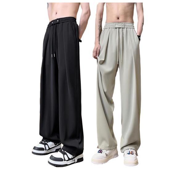 Men Pants Drawstring Waist Casual Trousers Solid Color Regular Style Long Pants with Reinforced Pockets Daily Wear
