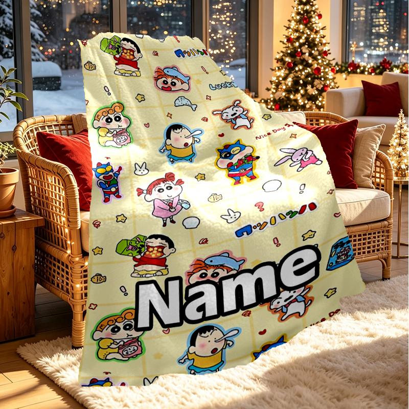 Custom Name Personalized Crayon Shin Print Blanket, Home Decor, Bedroom, Sofa, Camping, Couch, Gifts for Birthday Christmas