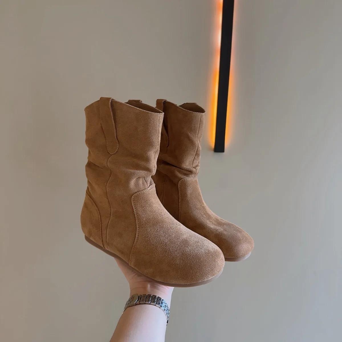 

Винтажные плиссированные короткие ворсовые ботинки MartinBoots женские, осень 2024 года, новые простые ретро-плоские удобные рыцарские ботинки Tenis Feminino 35 коричневый