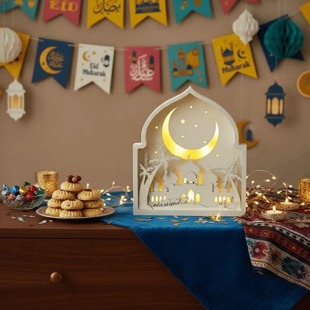 Creative Eid Desktop Ornament Moon Eid Wooden Decoration Night Light Ornament  Family Gatherings
