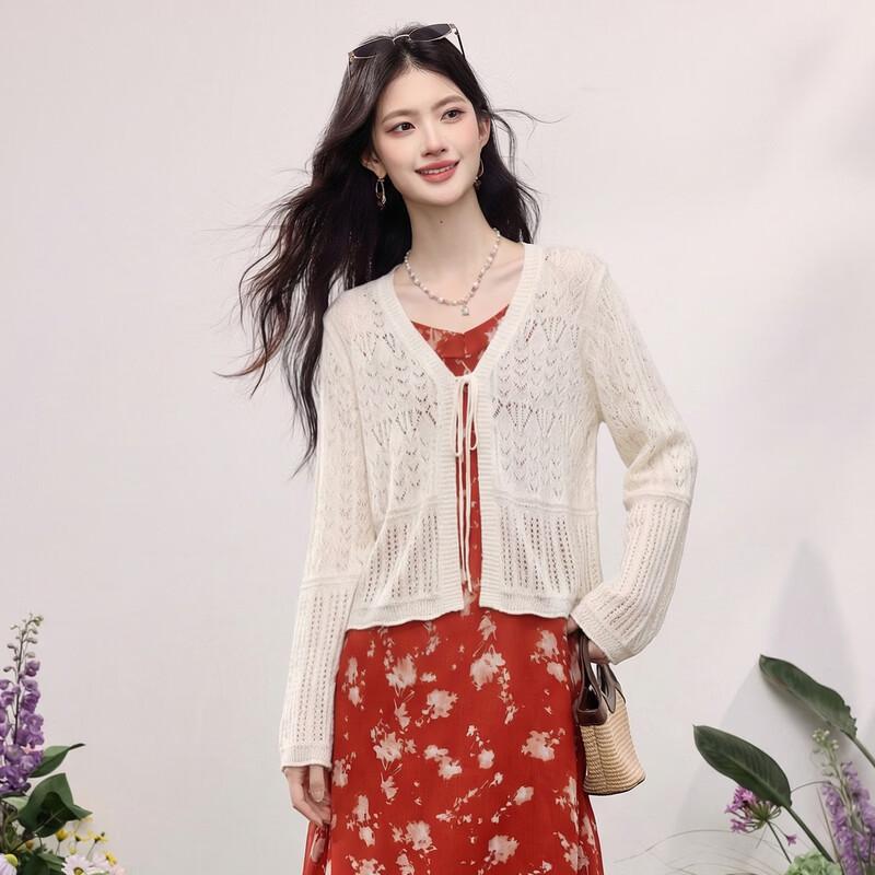 Women s Korean Style V-Neck Openwork Ice Silk Knit Cardigan L
