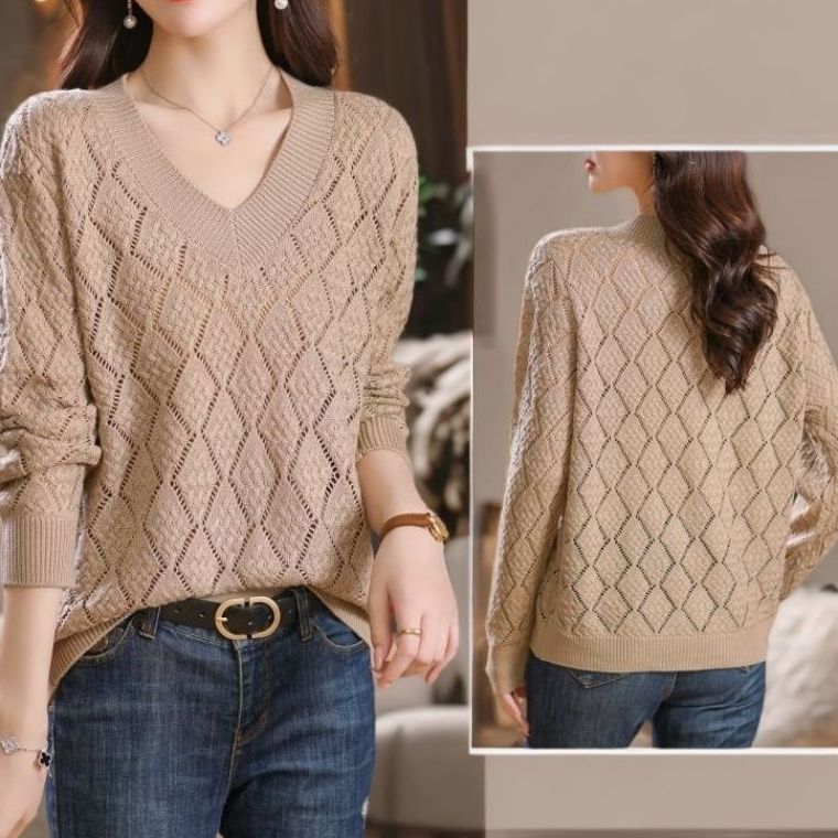 Women's Plus-Size Dopamine V-Neck Sweater Loose Collarbone-Showing High-Grade Hollow-Out Knit Top for Autumn & Summer