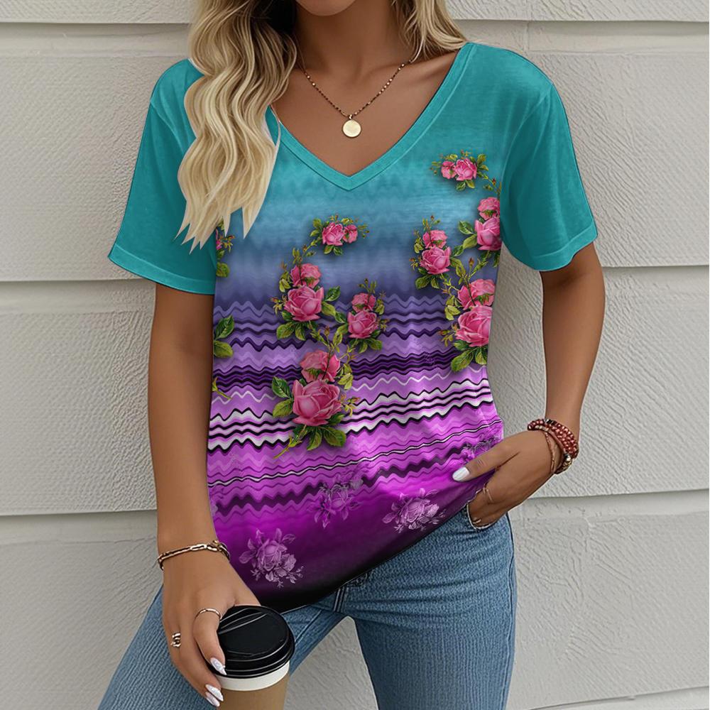 Damska Koszulka Kwiatowy Wzór Outdoor Retro Moda Codzienna Oversize Dekolt V Y2k Krótki Rękaw Letnia Odzież Damska