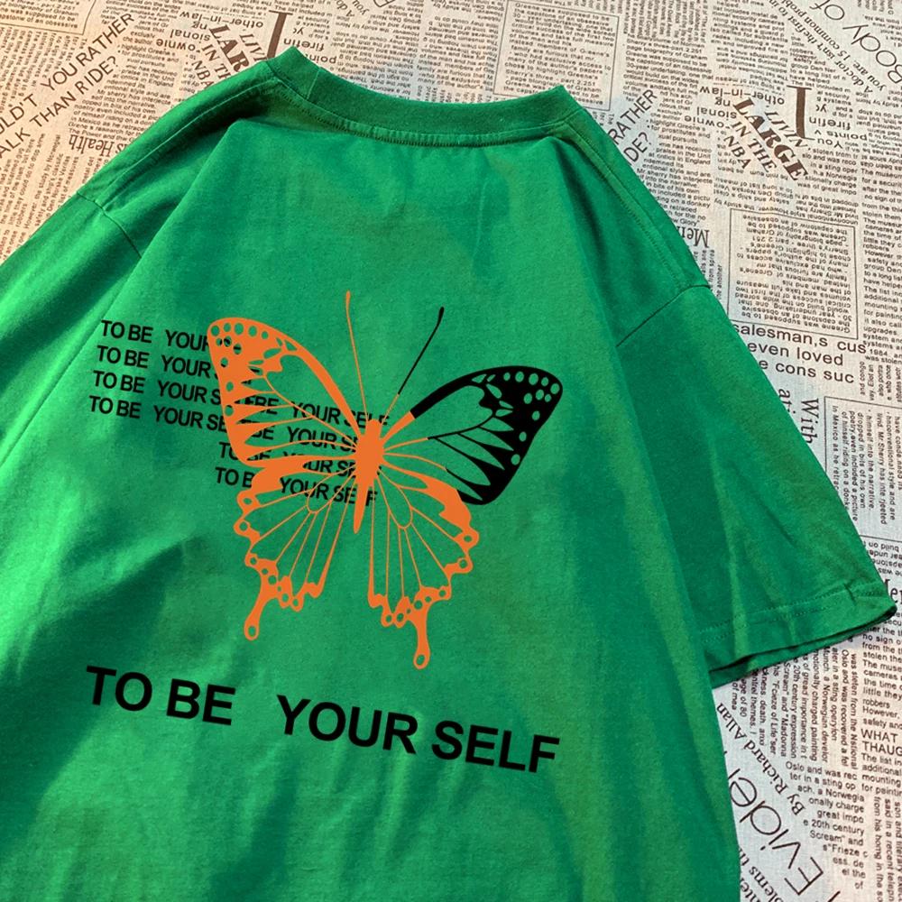 To Be Yourself A Butterfly Tshirts Men Women Oversize Vintage Sweat T Shirts Loose Cotton T-Shirts Cartoon Summer Tee Clothes