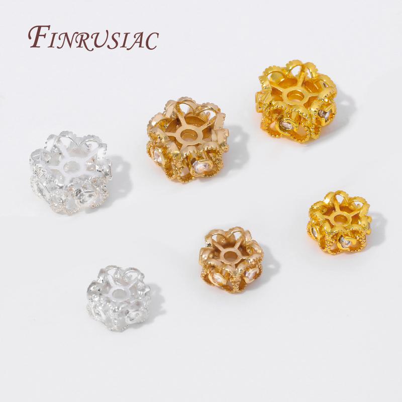 2/4/6pcs 18K Gold Plated Round Flower Beads with Zircon,Metal Separator Beads,Decorative Beads DIY Bracelets Jewelry Accessories