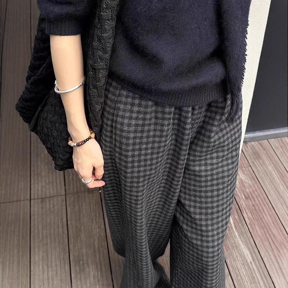 Korean Style High-Waisted Plaid Wool Wide-Leg Pants for Women - Autumn/Winter Trend