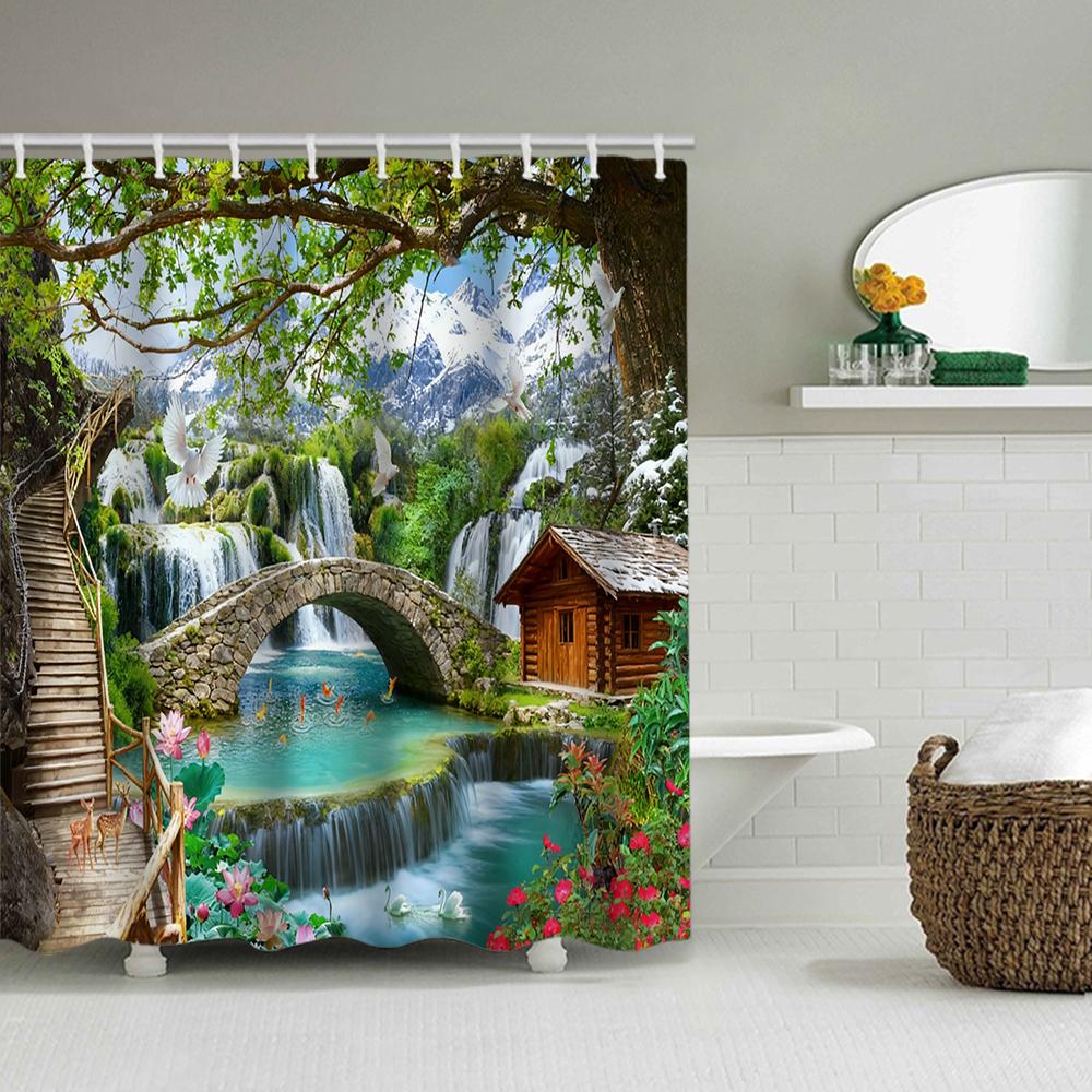 1/4 Forest Waterfall Print Shower Curtains, Toilet Seat Decoration, Shower Curtain with Carpet and Toilet Lid, 70.8x70.8 Inch